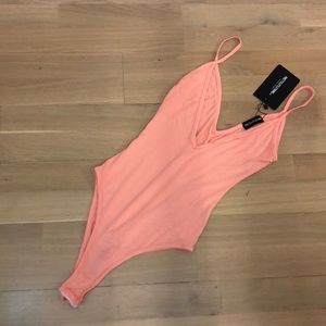 Peach Plunge Strappy Thong Bodysuit